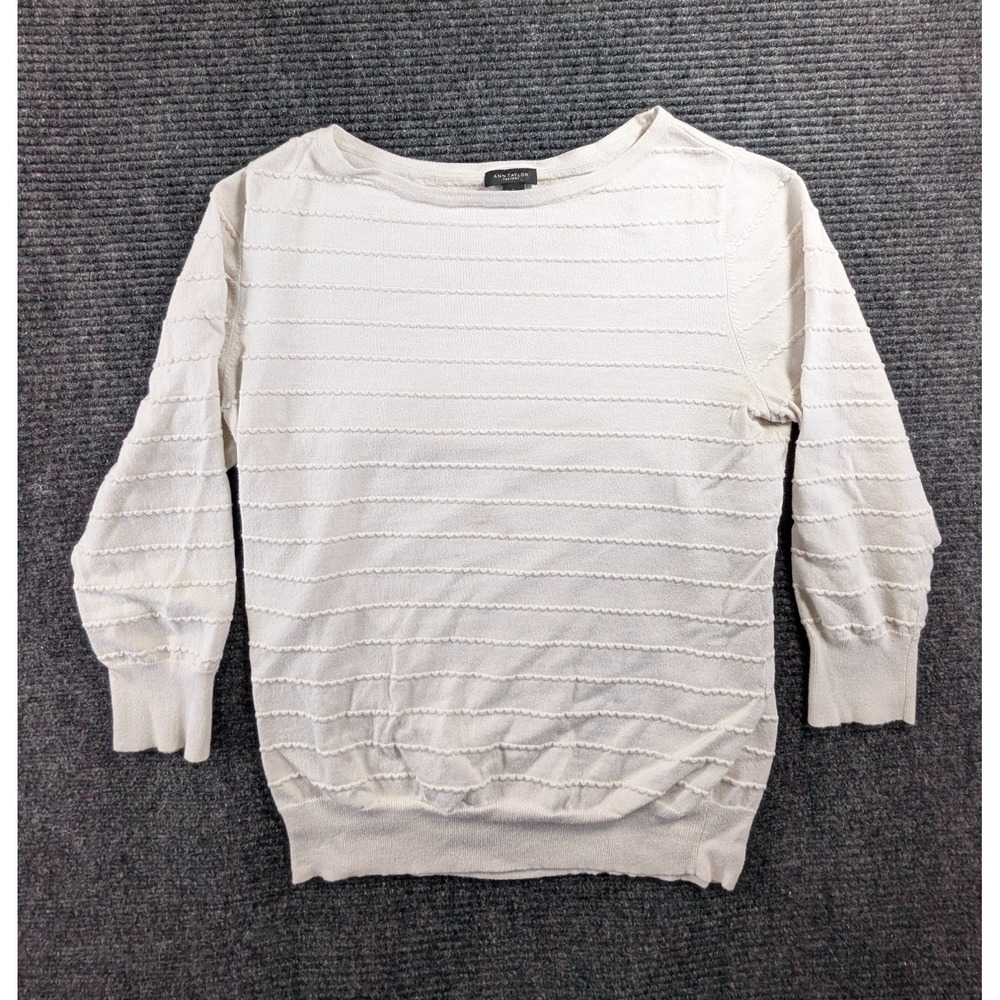 Ann Taylor Sweater Womens Large Beige Cotton Textured Stripe 3/4 Sleeve Boatneck